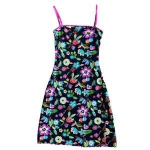 GUESS Girls Floral Spaghetti Strap Dress 90s Y2K Mini Floral Black Bodycon Small